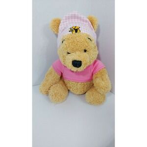 Disney Store Winnie the Pooh plush wearing pink shirt gingham check bee baby hat